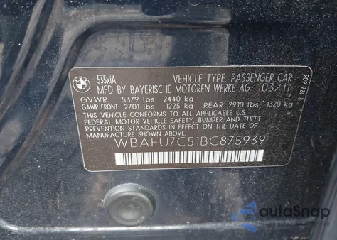 2011 BMW 535I xDrive from USA, damaged, VIN WBAFU7C51BC875939